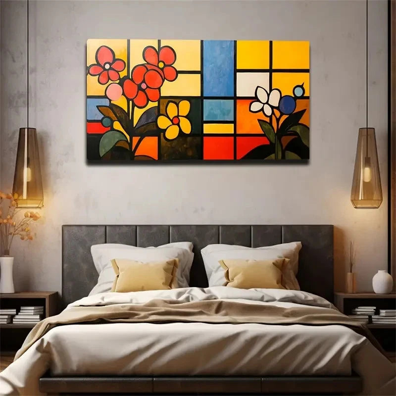 Flowers Abstract Checkered Wall Art Canvas Office Home Room Framed 120x60cm