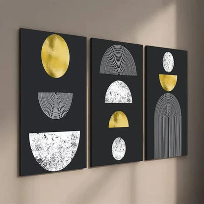 3pcs Black And Golden Geometric Wall Art Set Canvas Unframed - High Quality Print 100% Australian Made Wall Canvas - Bella Home Decor
