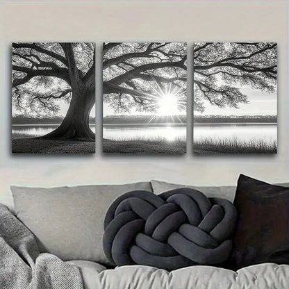 3pcs Sunrise Oak Tree Silhouette Wall Art Set Canvas Framed 40x60cm - High Quality Print 100% Australian Made Wall Canvas Ready to Hang