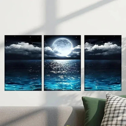 3pcs Full Moon Over Ocean with Clouds Wall Art Set Canvas Unframed - High Quality Print 100% Australian Made Wall Canvas - Bella Home Decor
