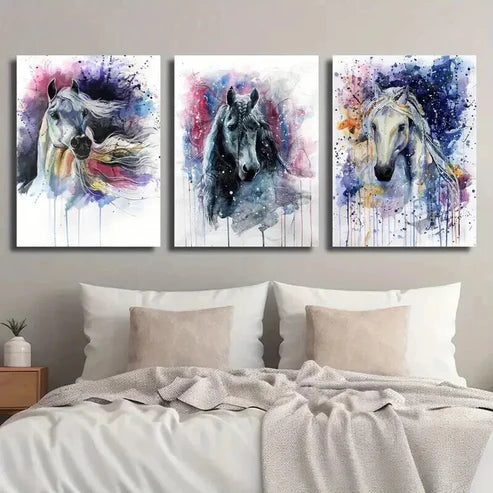 3pcs Colorful Abstract Horse Painting Wall Art Set Canvas Unframed - High Quality Print 100% Australian Made Wall Canvas - Bella Home Decor