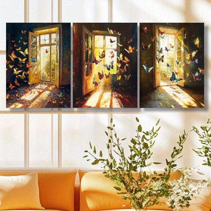 3pcs Vibrant Sunlit Windows Colorful Butterflies Metal Print Ready to Hang Art