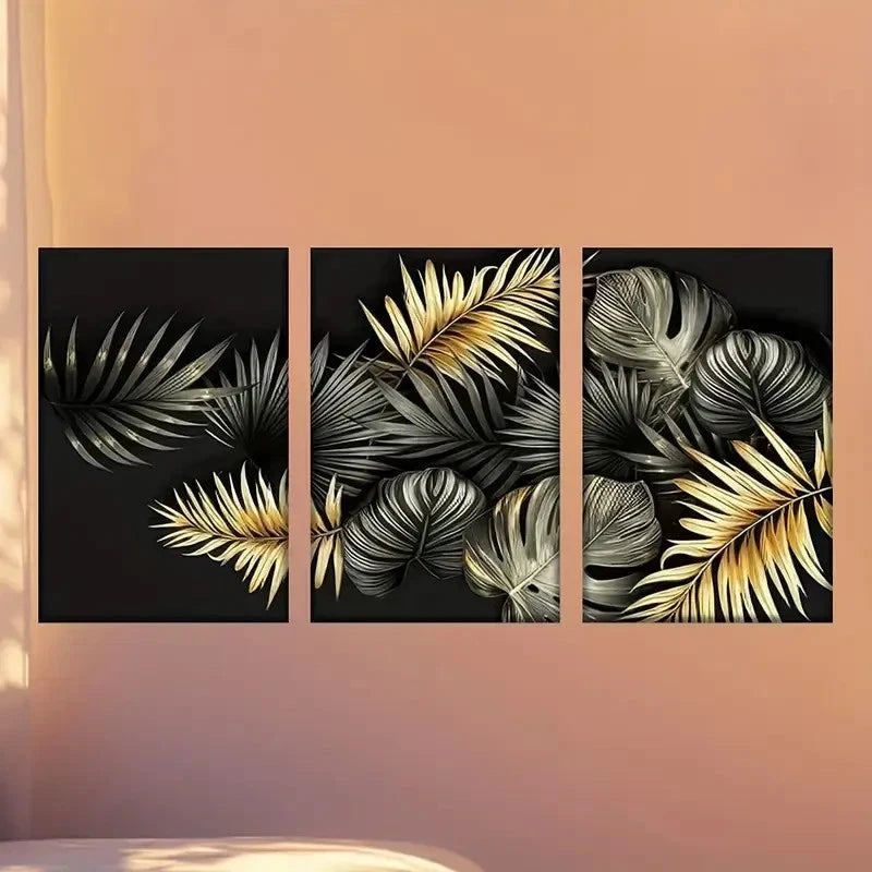 3pcs  Tropical Leaf Designs on Black Background  Wall Art Set Canvas Framed 40x60cm - High Quality Print 100% Australian Made Wall Canvas Ready to Hang - Bella Home Decor