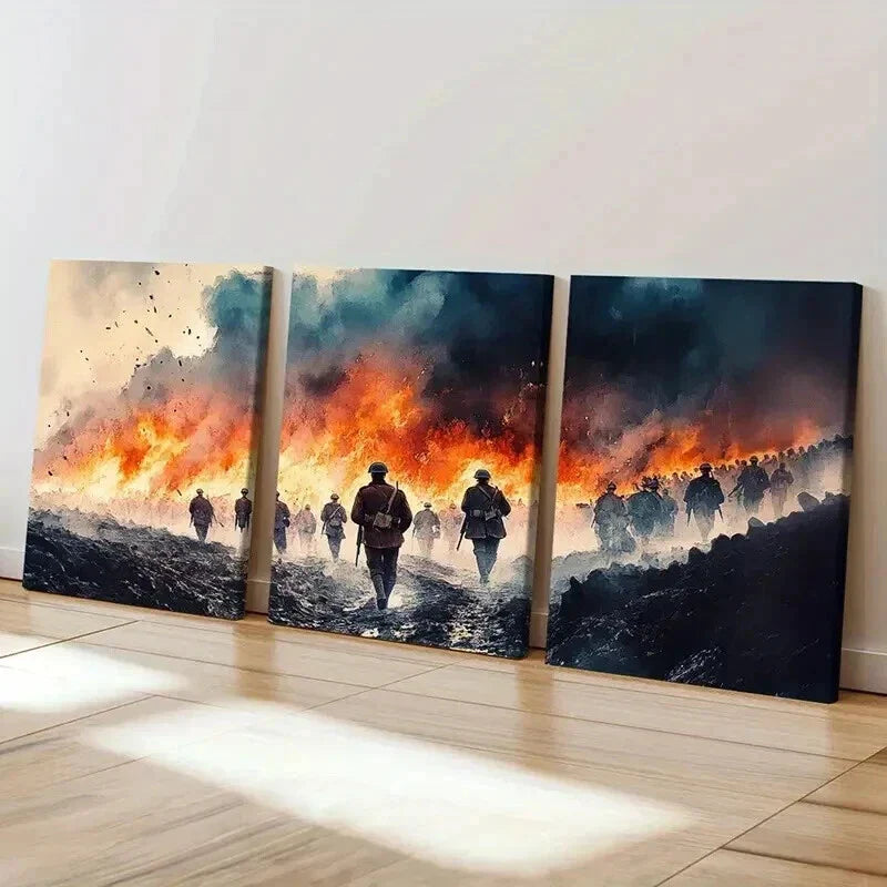 3pcs Warrior March on Fiery Battlefield Wall Art Canvas Unframed - High Quality Print 100% Australian Made Wall Canvas
