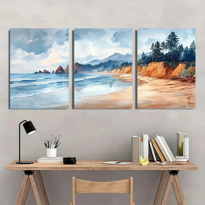 3pcs  Coastal Cliffs & Ocean Shore Landscape Paint Metal Print Ready to Hang Art - Bella Home Decor