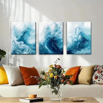 3pcs Deep Blue and Aqua Watercolor Design Set Canvas Unframed - High Quality Print 100% Australian Made Wall Canvas - Bella Home Decor