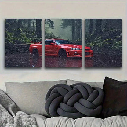 3pcs Red Sports Car in Rain Forest Wall Art Set Canvas Framed 60x90cm - High Quality Print 100% Australian Made Wall Canvas Ready to Hang