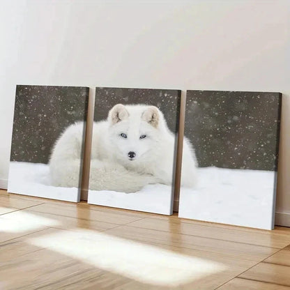 3pcs White Fox in Snow Portrait Decor Wall Art Set Canvas Framed 40x60cm - High Quality Print 100% Australian Made Wall Canvas Ready to Hang