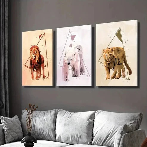 3pcs Abstract Geometric Lion Bear Animal  Wall Art Set Canvas Unframed - High Quality Print 100% Australian Made Wall Canvas - Bella Home Decor