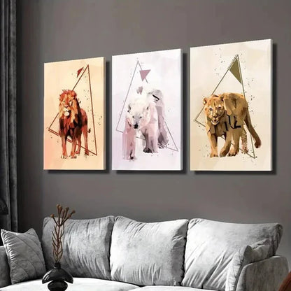 3pcs Abstract Geometric Lion Bear Animal  Wall Art Set Canvas Unframed - High Quality Print 100% Australian Made Wall Canvas - Bella Home Decor