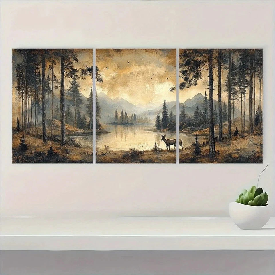 3pcs Neutral Brown Forest Scene with Serene Wall Art Set Canvas Framed 60x90cm - High Quality Print 100% Australian Made Wall Canvas Ready to Hang - Bella Home Decor