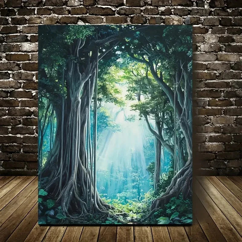 Lush Banyan Forest with Sunlit Canopy 40x60cm Metal Print Ready to Hang - Bella Home Decor