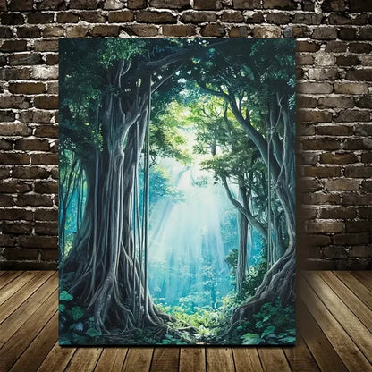 Lush Banyan Forest with Sunlit Canopy 40x60cm Metal Print Ready to Hang - Bella Home Decor