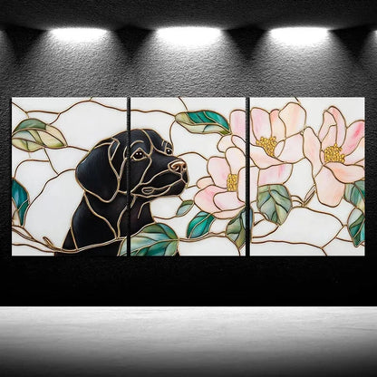 3pcs Dogs in Pink Flowers And Green Leaves Metal Print Ready to Hang Art - Bella Home Decor