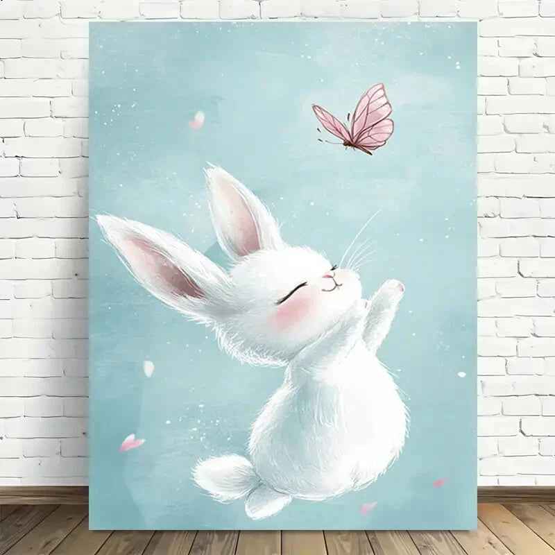Beautiful Whimsical Bunny and Butterfly Painting 40x60cm Metal Print Ready to Hang - Bella Home Decor