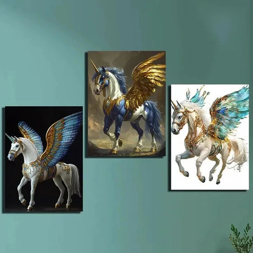 3pcs Golden Winged Horse Triptych Wall Art Canvas Unframed – High Quality Print 100% Australian Made Wall Canvas - Bella Home Decor
