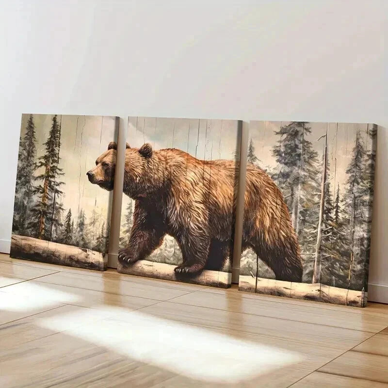 3pcs Forest Bear Landscape Wildlife Artwork Wall Art Set Canvas Framed 40x60cm - High Quality Print 100% Australian Made Wall Canvas Ready to Hang - Bella Home Decor