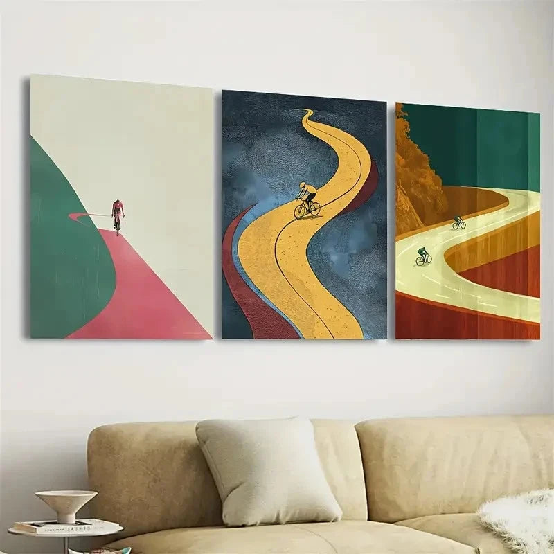 3pcs Cycling Poster Collection Orange, Yellow Wall Art Set Canvas Framed 60x90cm - High Quality Print 100% Australian Made Wall Canvas Ready to Hang - Bella Home Decor