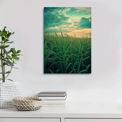 Green Sugarcane Grass Meadow Painting 40x60cm Metal Print Ready to Hang - Bella Home Decor