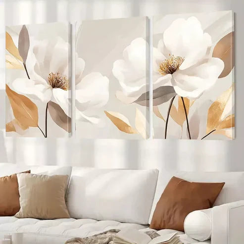 3pcs Abstract White Blossoms with Golden Leaves Wall Art Canvas Unframed - High Quality Print 100% Australian Made Wall Canvas