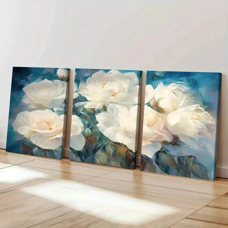 3pcs Beautiful White Roses Vintage Wall Art Set Canvas Framed 60x90cm - High Quality Print 100% Australian Made Wall Canvas Ready to Hang - Bella Home Decor