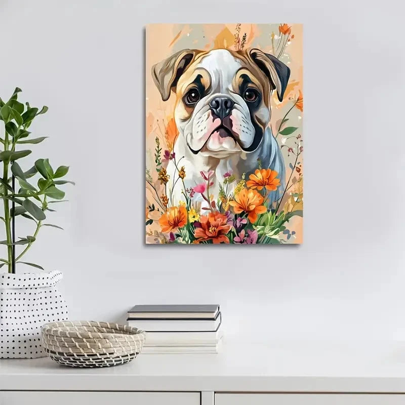 Beautiful Adorable Bulldog with Flowers Painting 40x60cm Metal Print Ready to Hang - Bella Home Decor