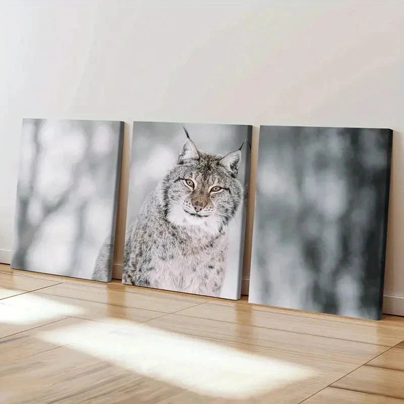 3pcs Snow Scene Feline Art Lynx Modern  Wall Art Set Canvas Framed 60x90cm - High Quality Print 100% Australian Made Wall Canvas Ready to Hang - Bella Home Decor