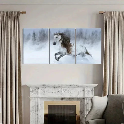 3pcs Running Horse Snowy Landscape Painting Wall Art Canvas Unframed - High Quality Print 100% Australian Made Wall Canvas