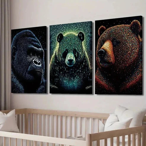 3pcs Wildlife Gorilla Panda & Grizzly Bear Wall Art Set Canvas Unframed - High Quality Print 100% Australian Made Wall Canvas