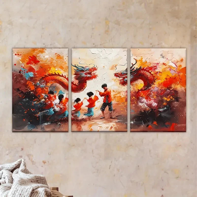 3pcs Spring Festival Dragon Dance Wall Art Set Canvas Framed 60x90cm - High Quality Print 100% Australian Made Wall Canvas Ready to Hang