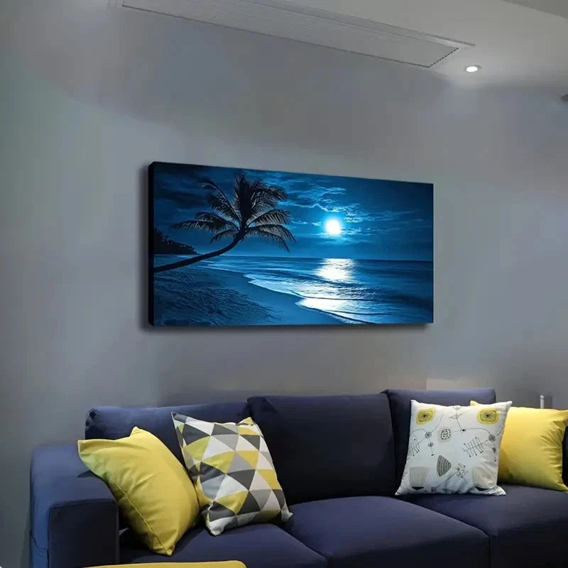 Moonlit Ocean Waves with Palm Wall Art canvas office home room framed 120x60cm - Bella Home Decor