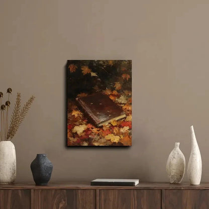Autumn Reverie Dark Academia Leaves and Book 40x60cm Metal Print Ready to Hang - Bella Home Decor