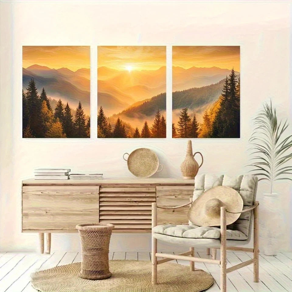 3pcs Golden Sunrise Misty Mountains Panoramic Metal Print Ready to Hang Art - Bella Home Decor