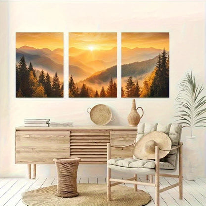 3pcs Golden Sunrise Misty Mountains Panoramic Metal Print Ready to Hang Art - Bella Home Decor