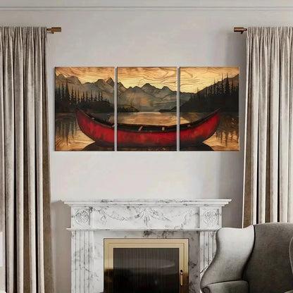 3pcs Red Canoe Mountain Range Forest Wall Art Set Canvas Framed 50x70cm - High Quality Print 100% Australian Made Wall Canvas Ready to Hang