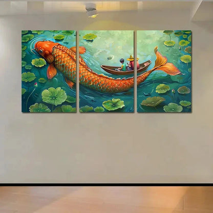 3pcs Vibrant Koi Fish and for Lotus Pond  Wall Art Set Canvas Framed 50x70cm - High Quality Print 100% Australian Made Wall Canvas Ready to Hang - Bella Home Decor