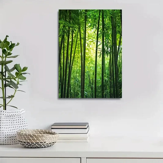 Serene Natural Scene with Sunlit Bamboo Stalk Painting 40x60cm Metal Print Ready to Hang