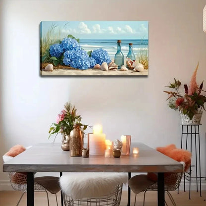 Ocean Scene Hydrangeas Seashell Wall Art Canvas Office Home Room Framed 120x60cm - Bella Home Decor