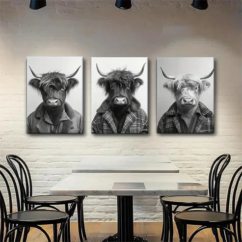 3pcs Highland Cow Portrait Fluffy Black Perfect Wall Art Set Canvas Unframed - High Quality Print 100% Australian Made Wall Canvas