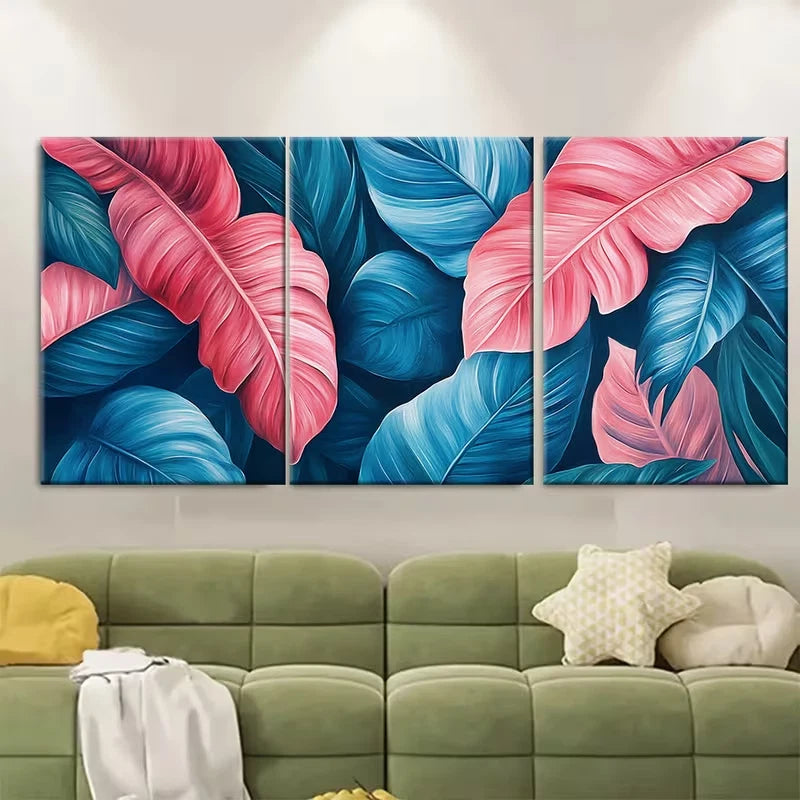 3pcs Bright Pink Blue Teal Exotic Leaves Metal Print Ready to Hang Art - Bella Home Decor