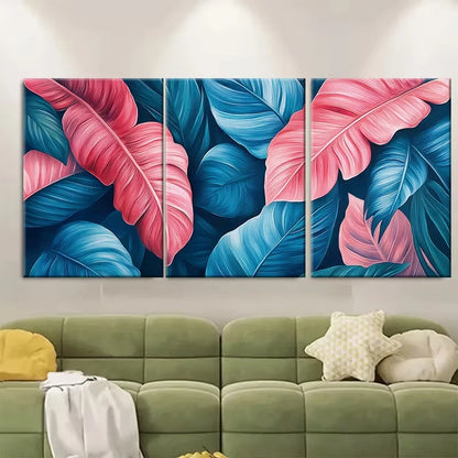 3pcs Bright Pink Blue Teal Exotic Leaves Metal Print Ready to Hang Art - Bella Home Decor