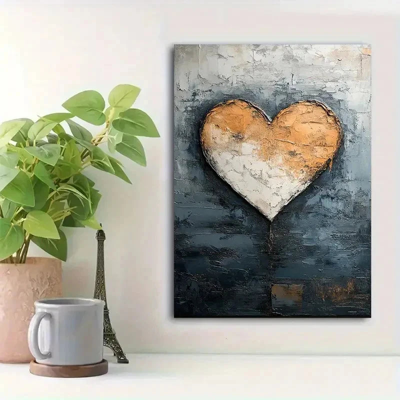 Beautiful Textured Blue & Orange Heart Painting 40x60cm Metal Print Ready to Hang