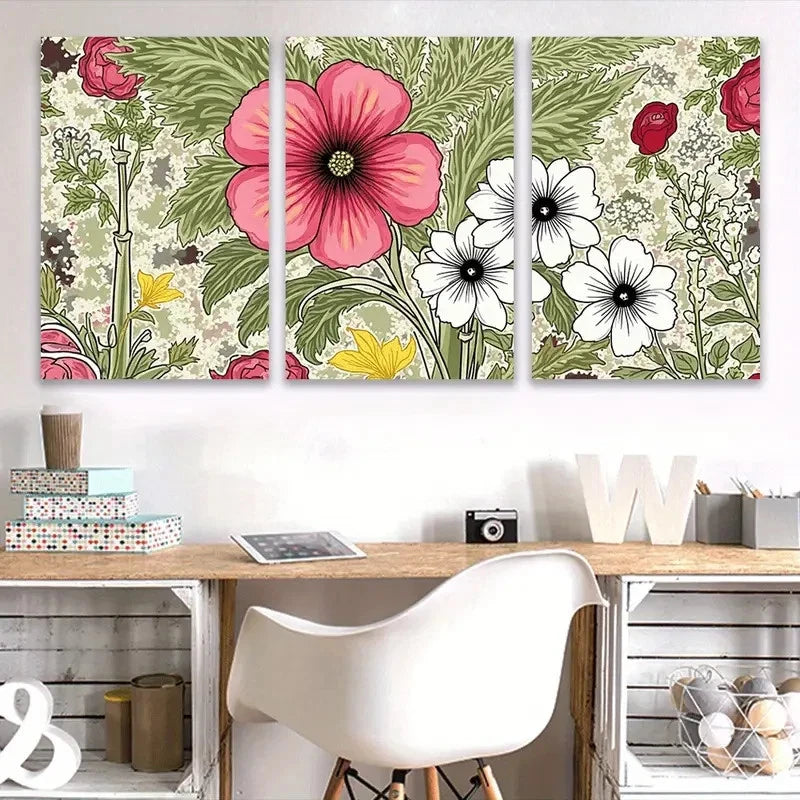 3pcs Red and White Floral Art Wall Art Set Canvas Framed 50x70cm - High Quality Print 100% Australian Made Wall Canvas Ready to Hang