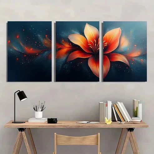 3pcs Flowy Lily Petals in Orange Red & Blue Wall Art Canvas Unframed - High Quality Print 100% Australian Made Wall Canvas - Bella Home Decor