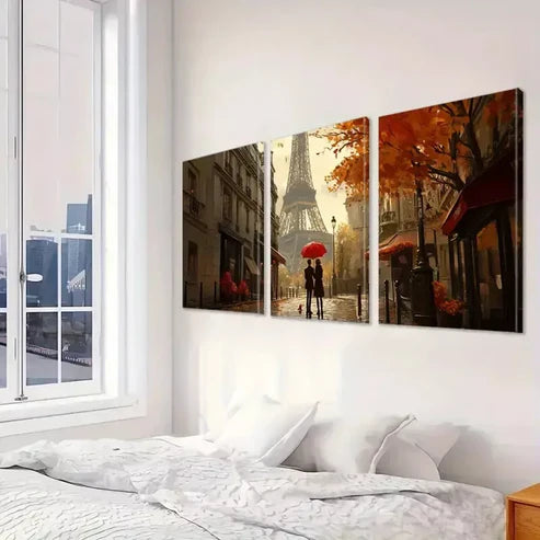 3pcs Modern Couple Walking Near Eiffel Tower Art Set Canvas Unframed - High Quality Print 100% Australian Made Wall Canvas