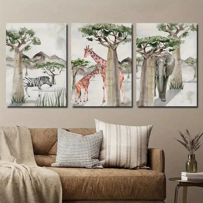 3pcs African Animals Jungle Theme Wall Art Set Canvas Unframed - High Quality Print 100% Australian Made Wall Canvas - Bella Home Decor