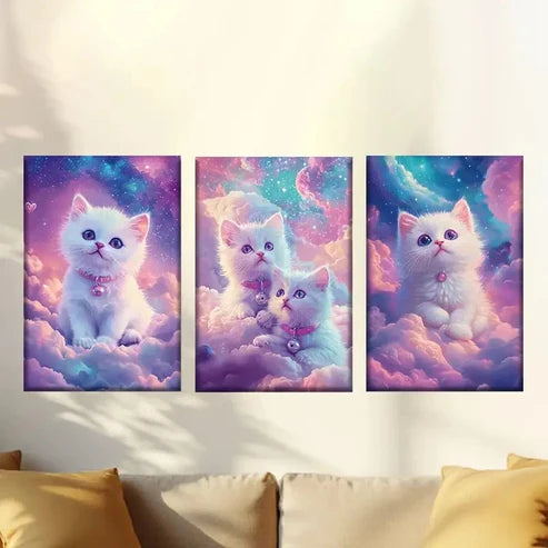3pcs Cute cat on the cloud, Colorful Wall Art Canvas Unframed - High Quality Print 100% Australian Made Wall Canvas