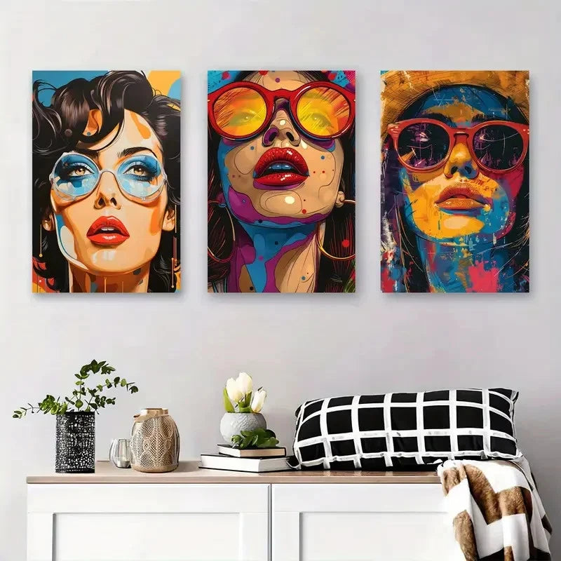 3pcs Women with Fashion Glasses  WG  Wall Art Set Canvas Framed 50x70cm - High Quality Print 100% Australian Made Wall Canvas Ready to Hang