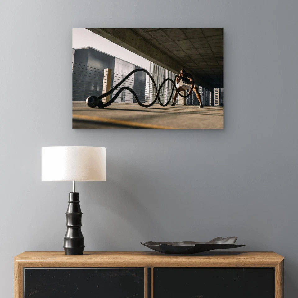 Athlete Training with Battle Rope 5mm thick Plastic Poster Ready to Hang 90x60cm