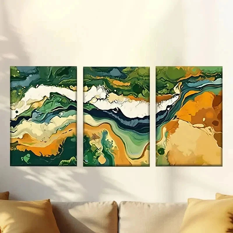 3pcs a painting of a green and orange abstract Wall Art Set Canvas Framed 60x90cm - High Quality Print 100% Australian Made Wall Canvas Ready to Hang - Bella Home Decor